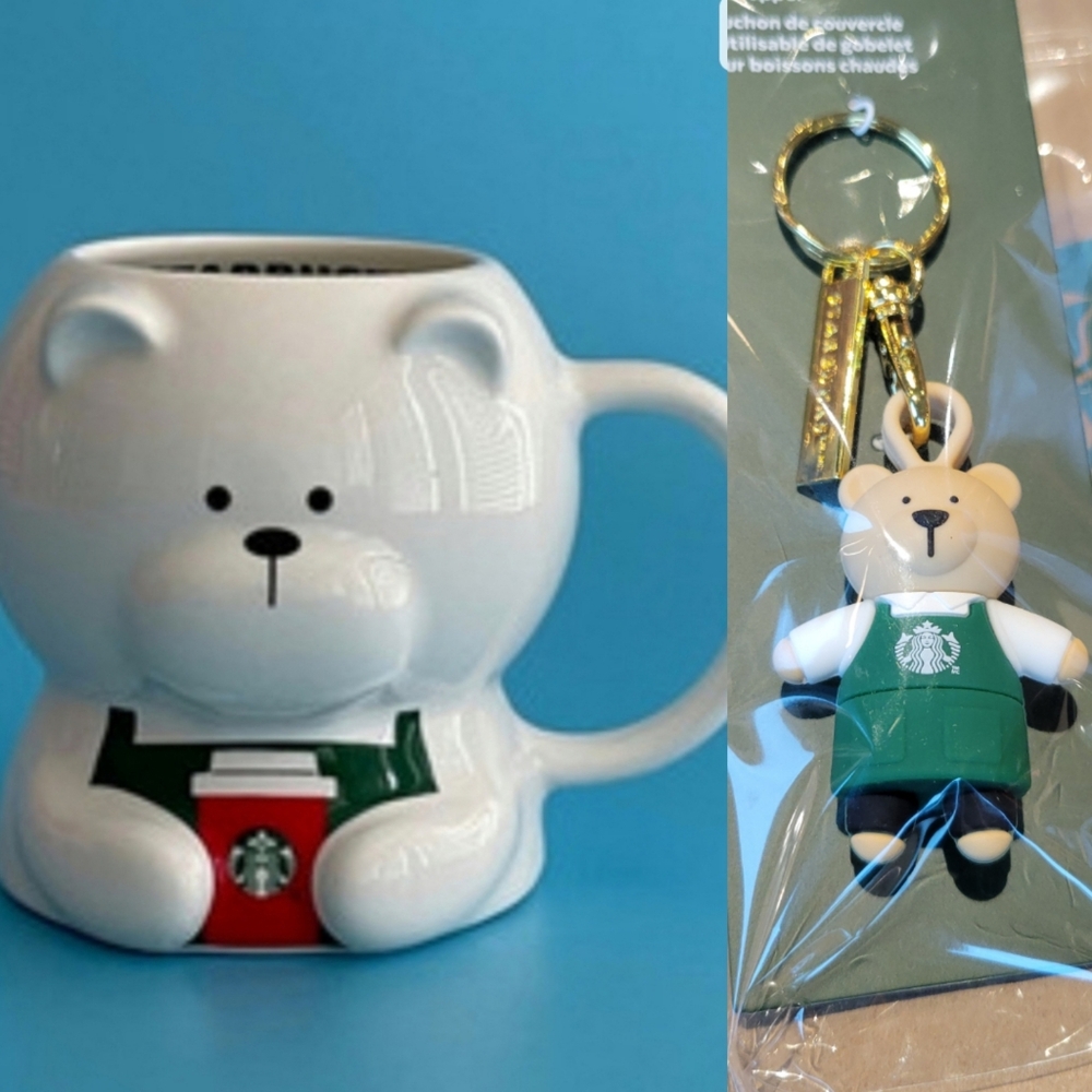 Starbucks Limited Edition Bundle Bearista Mug Bearista Keychain White Green